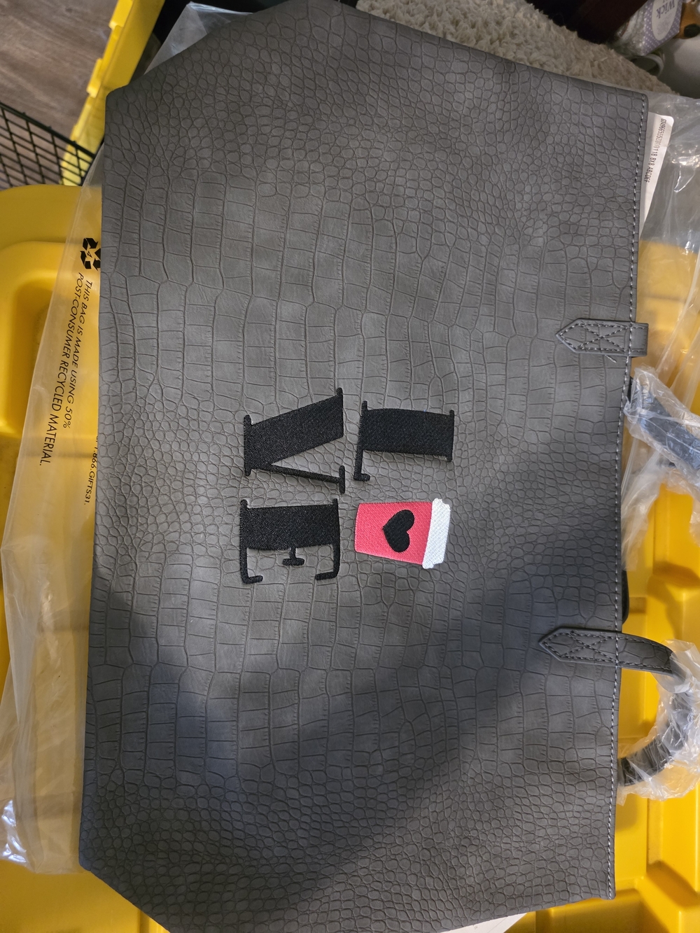 Women's Gray Croc-Embossed Tote with Coffee Cup Patch